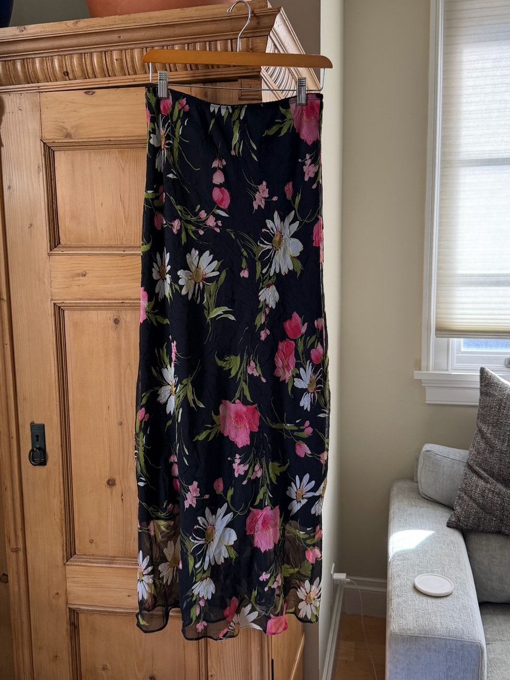 Necessary Objects Black Maxi Skirt with Pink and White Floral Print